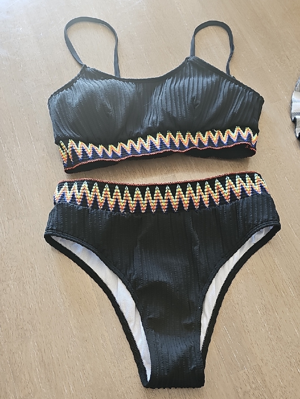 Black Two-Piece Bikini with Multicolor Zigzag Trim
